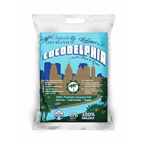 Organic Mechanics Cocodelphia premium coco coir bag, 1.76 cu ft, ideal for lawn and garden soil improvement and plant cultivation.