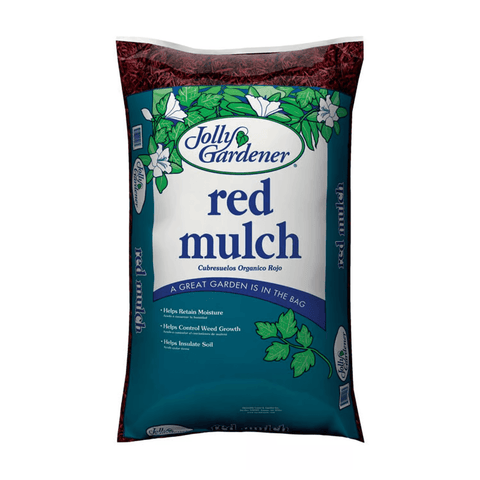 Red mulch in a Jolly Gardener 2 CF bag, showing vibrant, shredded mulch material for garden landscaping.