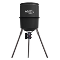 A black automatic deer feeder on a tripod stand, featuring a white 'Wildgame' logo on the upper section and a digital control box at the base, shown against a plain white background.