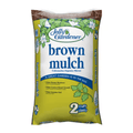 Dyed brown mulch by Jolly Gardener, 2 cubic feet, showing rich, shredded mulch with a dark brown color for garden landscaping.