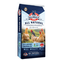 A bag of Kalmbach All Natural 17% Layer Crumbles chicken feed, featuring a dark blue and white packaging design with images of chickens on the front.