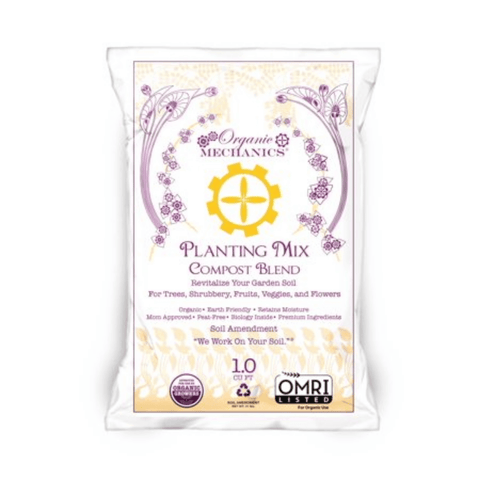 Organic Mechanics® Planting Mix compost blend in a 1 cu ft bag, showing rich soil with organic materials for lawn and garden planting.