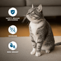 A gray tabby cat wearing a collar sits on a carpeted floor in a living room setting, with three feature callouts on the left reading 'SAFETY-RELEASE MECHANISM', 'ODORLESS', and 'NON-GREASY'.