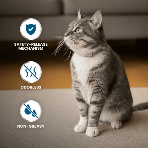 A gray tabby cat wearing a collar sits on a carpeted floor in a living room setting, with three feature callouts on the left reading 'SAFETY-RELEASE MECHANISM', 'ODORLESS', and 'NON-GREASY'.