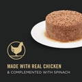 Purina pro plan complete essentials chicken and spinach entree cat food on a white plate on a black background in a promotional image saying "Made with real chicken & complemented with spinach"