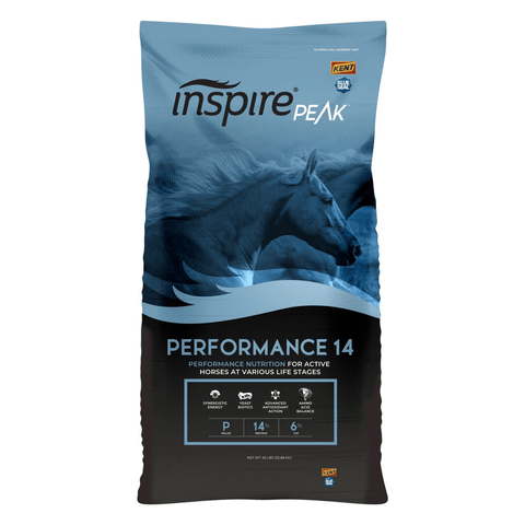 Blue Seal Inspire PEAK Performance 14 Horse Feed pellet in a 50 lb bag, showing the textured horse feed product.