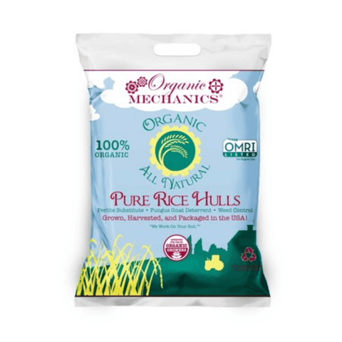 Organic Mechanics Pure Rice Hulls for lawn and garden, 8 Qt bag, natural organic mulch and soil amendment in a clear plastic bag