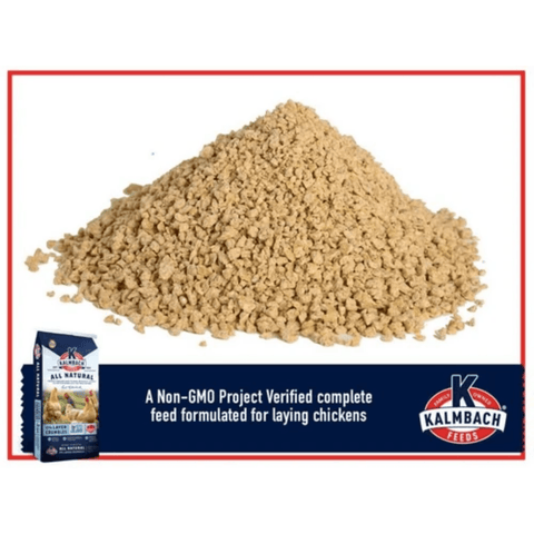 A pile of light tan Kalmbach All Natural Laying Chickens feed pellets on a white background, with a blue product banner at the bottom showing the Kalmbach Feeds logo and a small bag of feed in the lower left.
