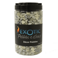 A clear plastic jar filled with decorative pebbles and glass, sealed with a black lid and labeled 'EXOTIC Pebbles & Glass' on a white background.