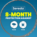 A blue promotional graphic for Seresto featuring a large gray circular border and bold yellow and white text that reads 'Seresto 8-Month Protection Against' with icons for fleas and ticks.