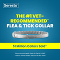 Promotional graphic for the Seresto flea and tick collar, featuring a silver metal collar on a blue background with bold yellow and white text and a yellow band reading '51 Million Collars Sold**'.