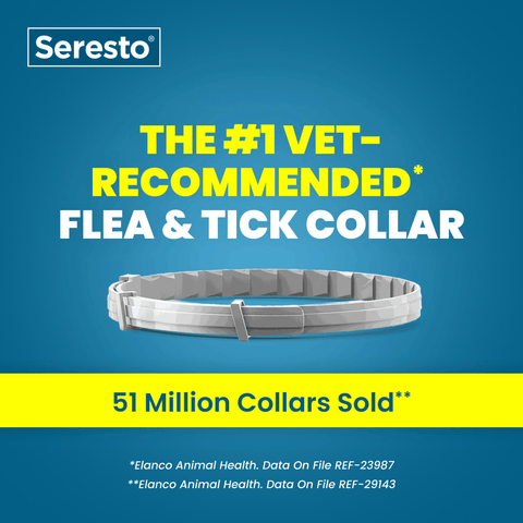 Promotional graphic for the Seresto flea and tick collar, featuring a silver metal collar on a blue background with bold yellow and white text and a yellow band reading '51 Million Collars Sold**'.