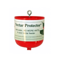 Red and white nectar protector with hanging hook on a white background