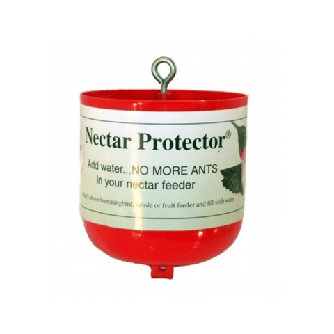 Red and white nectar protector with hanging hook on a white background