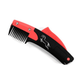 Red and black comb with a horse logo on a white background