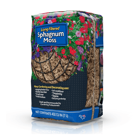 BFG SUPPLY CO Sphagnum Moss in a 432 cu. in. bag, ideal for lawn and garden use, showing moist green moss in a garden setting.