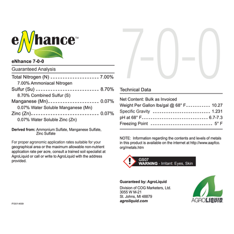 Agri Pro AgroLiquid eNhance 7-0-0 sulfur fertilizer in bulk, showing white granular fertilizer product on a plain background.