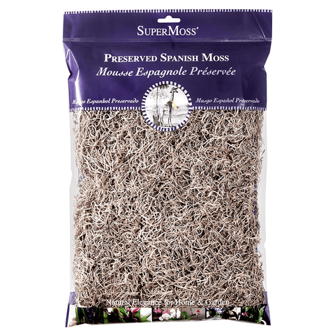 SuperMoss® preserved Spanish moss decorative filler for lawn and garden, showcasing lush, natural moss strands for landscaping.