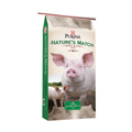 Purina Nature’s Match Sow & Pig complete pig feed in a 50 lb bag, showing colorful grain and pellet blend for healthy swine.