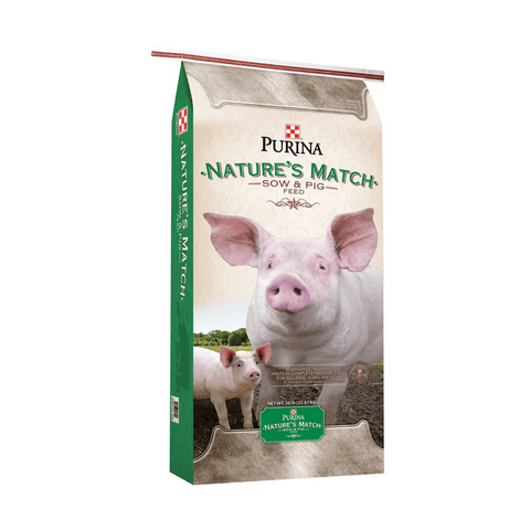Purina Nature’s Match Sow & Pig complete pig feed in a 50 lb bag, showing colorful grain and pellet blend for healthy swine.