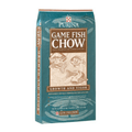 Purina Game Fish Chow fish food in a 50 lb bag, showing the packaging with fish images and product details on the label.