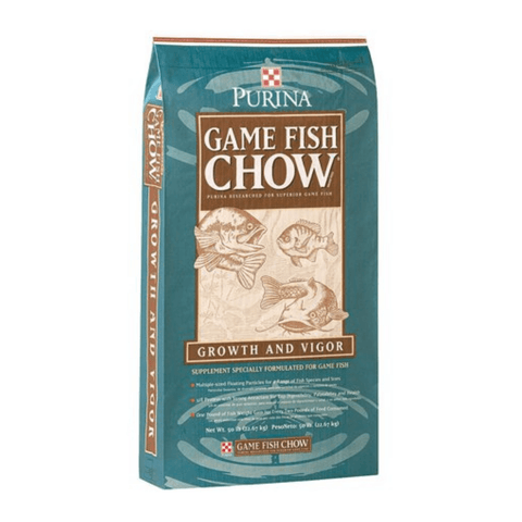 Purina Game Fish Chow fish food in a 50 lb bag, showing the packaging with fish images and product details on the label.