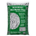 Oldcastle® Mini Marble Chips for lawn and garden landscaping, showing small white marble stones in a garden setting.