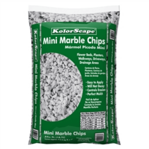 Oldcastle® Mini Marble Chips for lawn and garden landscaping, showing small white marble stones in a garden setting.
