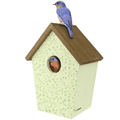 A decorative birdhouse with a light green speckled front panel, brown wooden roof, and a small bluebird figurine perched on top, shown against a plain white background.