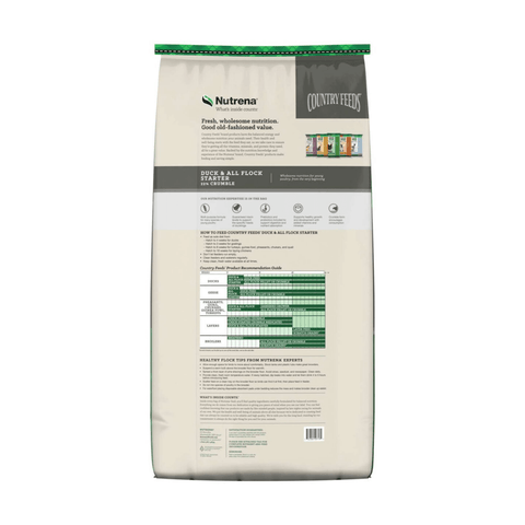Nutrena Country Feeds Duck & All Flock Starter poultry feed bag by Cargill, 50 lb. for ducks and mixed flock poultry.