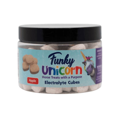 FUNKY UNICORN electrolyte cubesd in apple flavor in their container on a white background
