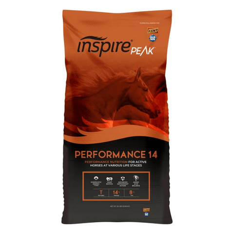 Blue Seal Inspire PEAK™ Performance 14 Horse Feed textured 50 lb bag, designed for optimal horse nutrition and performance