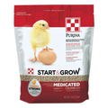 Purina Start & Grow poultry feed package with a chick and egg on a red and white background