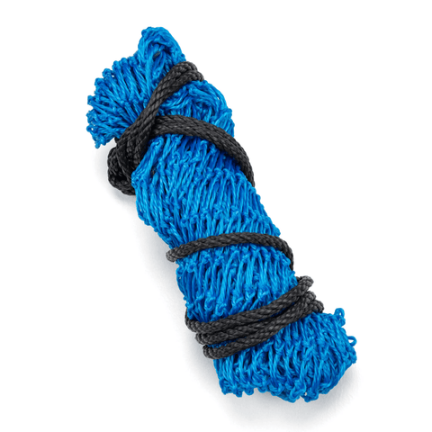 A coiled blue rope or netting wrapped with black cords, photographed on a clean white background.