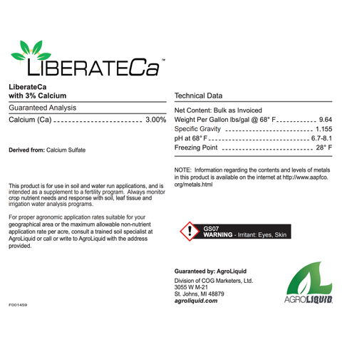 AgroLiquid LiberateCa liquid calcium fertilizer in a large bulk container, designed for agricultural use and plant nutrient enhancement.