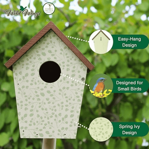 Birdhouse with green ivy pattern on a blurred green background