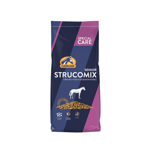 Cavalor® Strucomix Senior horse feed bag by Co-Operative Feed, 44 lb, showing the product packaging and branding.