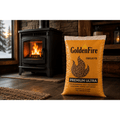 bag of golden fire heat pellets in a living room next to a lit woodstove.