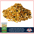 Chicken feed mix with visible ingredients and Kalmbach Feeds branding.