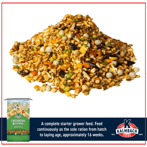 Chicken feed mix with visible ingredients and Kalmbach Feeds branding.