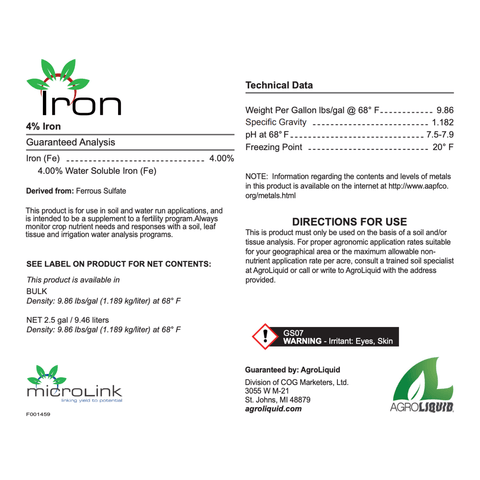 AgroLiquid Iron Liquid Fertilizer bottle, bulk size, with label showing nutrient information for plant iron supplementation.