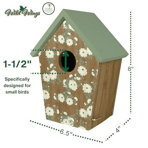 A small birdhouse with a floral front panel, green roof, and black circular entrance hole, shown with dimension lines and text indicating measurements of 6.5 inches by 4 inches by 8 inches.