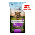 Blue Seal Home Fresh Alpaca Family & Fiber Pellet, 50 lb. bag, natural llama and alpaca feed with fiber for healthy livestock.