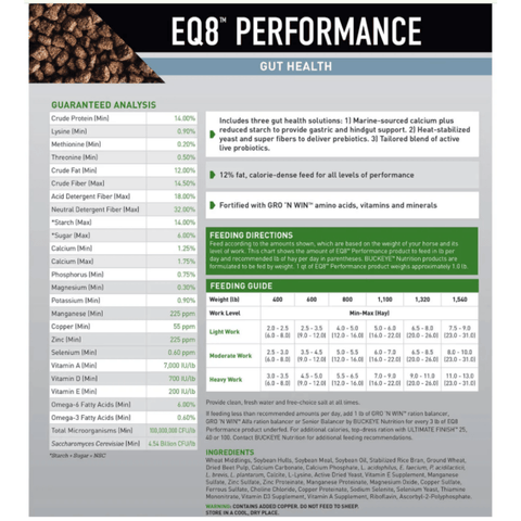 Stolzfus Buckeye Nutrition EQ8 Gut Health Horse Feed 50 lb bag, showing the packaging with branding and product details.