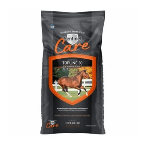 Blue Seal Sentinel Care Topline 30 pelleted horse feed in a 50 lb bag, designed for horse nutrition and health.