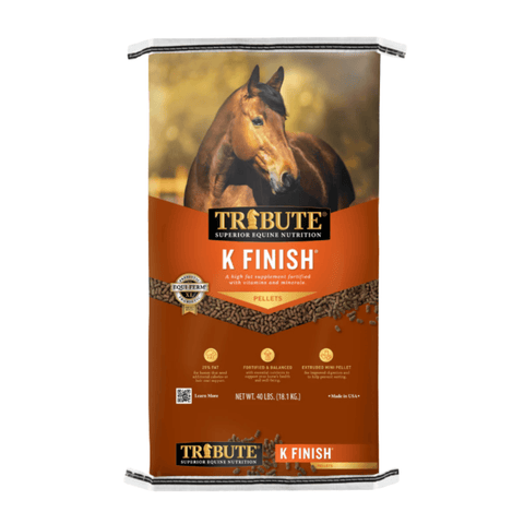 Bowman's K Finish® Extruded High-Fat Horse Feed supplement in a white and red bag with product label visible.