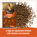 Bowman's K Finish® Extruded High-Fat Horse Feed supplement in a bag with visible product label and packaging details.