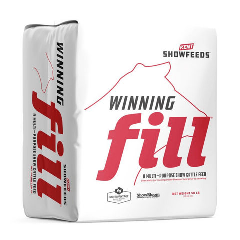 Blue Seal Winning Fill Show Cattle Feed in a 50 lb bag, designed for livestock, with a close-up of the feed pellets.