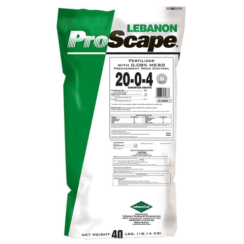 LebanonTurf Lebanon ProScape 20-0-4 fertilizer with 0.08% Mesotrione, showing granular fertilizer particles in a close-up image.