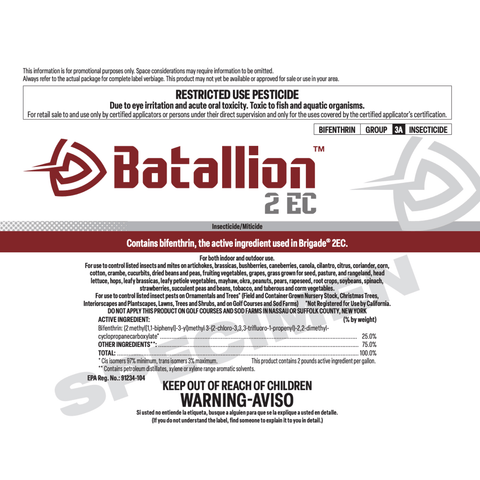 Atticus Batallion 2 EC insecticide and miticide for lawn and turf, shown in a spray bottle with green and white label.